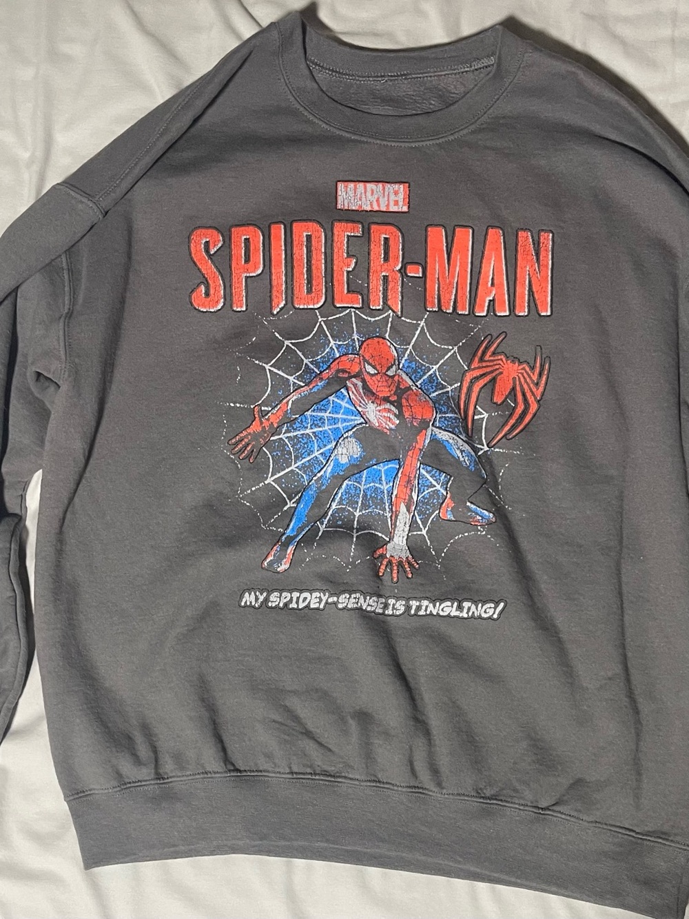 Marvel Spider-Man Crewneck Sweater - Gray with Red & Blue Graphic